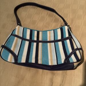The Sak Purse Bag Woven Crochet Knit Blue Teal Tan Stripe Leather Handle